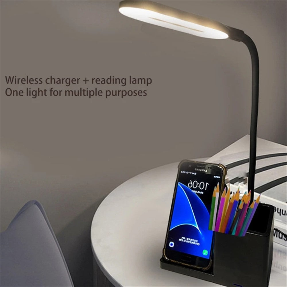 HT-330 3-in-1 15W Phone Holder Wireless Charger Pen Holder Gooseneck LED Table Lamp