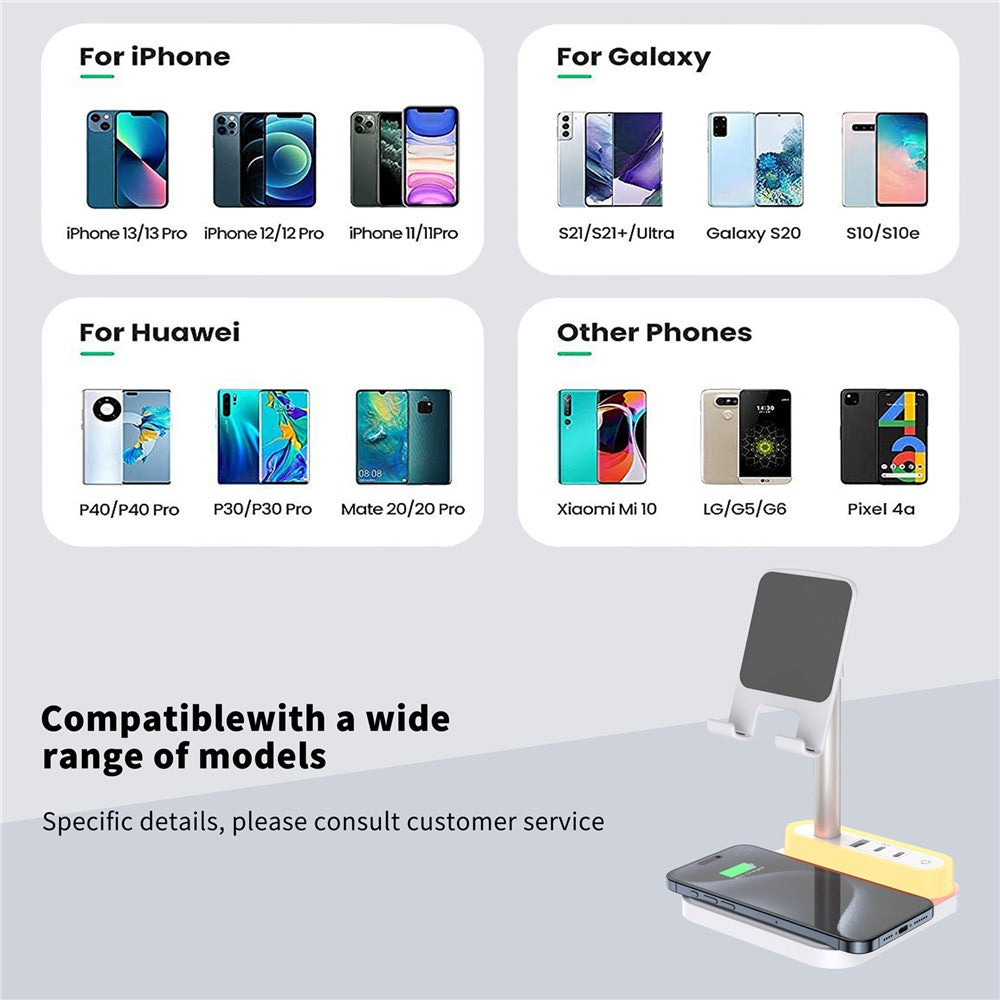HT-531 15W Wireless Charger with Night Light Phone Bracket USB + Type-C Power Socket