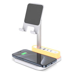 HT-531 15W trådlös laddare med nattlampa, telefonhållare och USB + Type-C eluttag