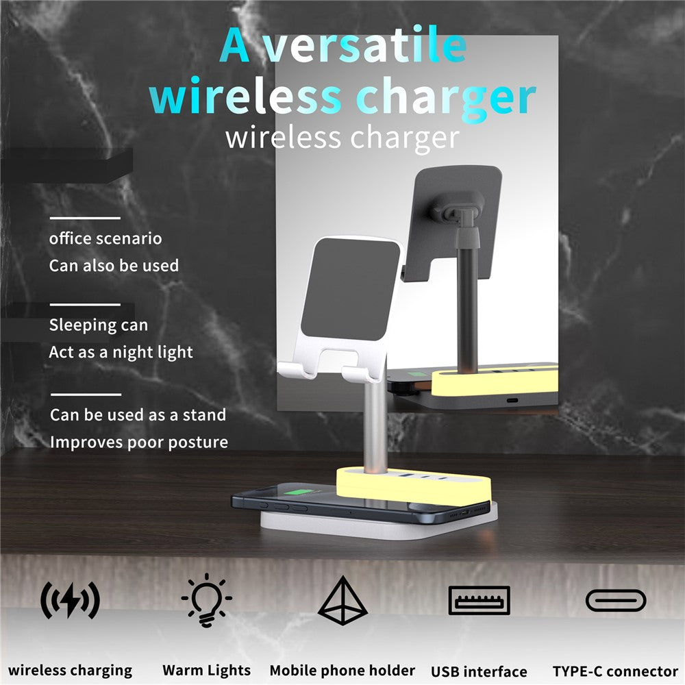 HT-531 15W Wireless Charger with Night Light Phone Bracket USB + Type-C Power Socket