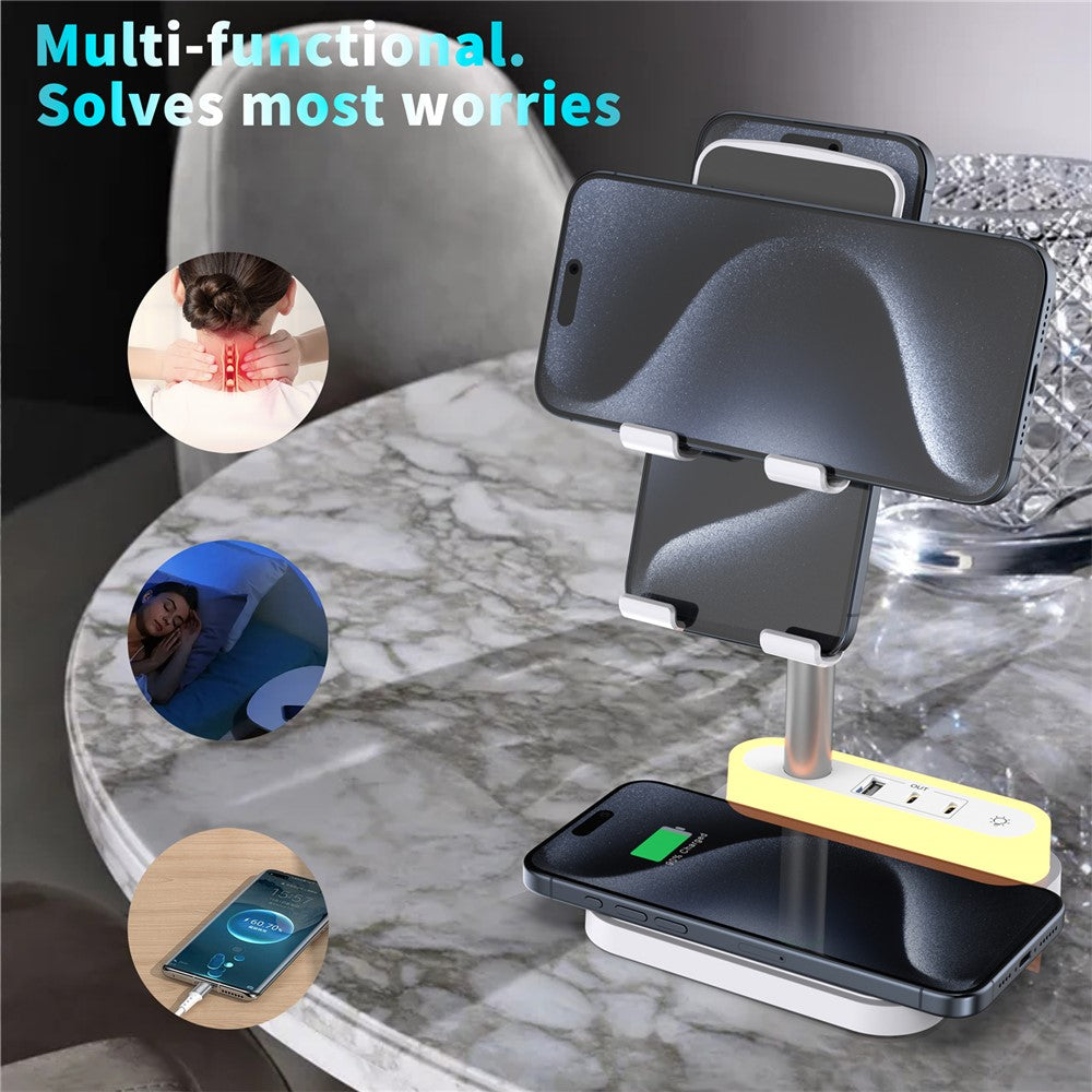 HT-531 15W Wireless Charger with Night Light Phone Bracket USB + Type-C Power Socket