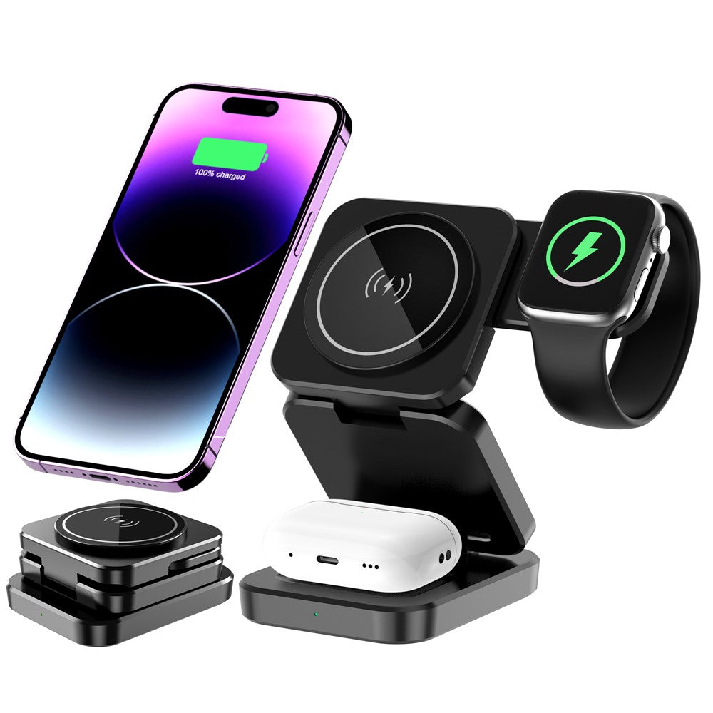 A390 3-i-1 sammenfoldelig magnetisk trådløs ladestation til iPhone, Apple Watch og AirPods, 15W-hurtigopladningsstander, kompakt rejseoplader