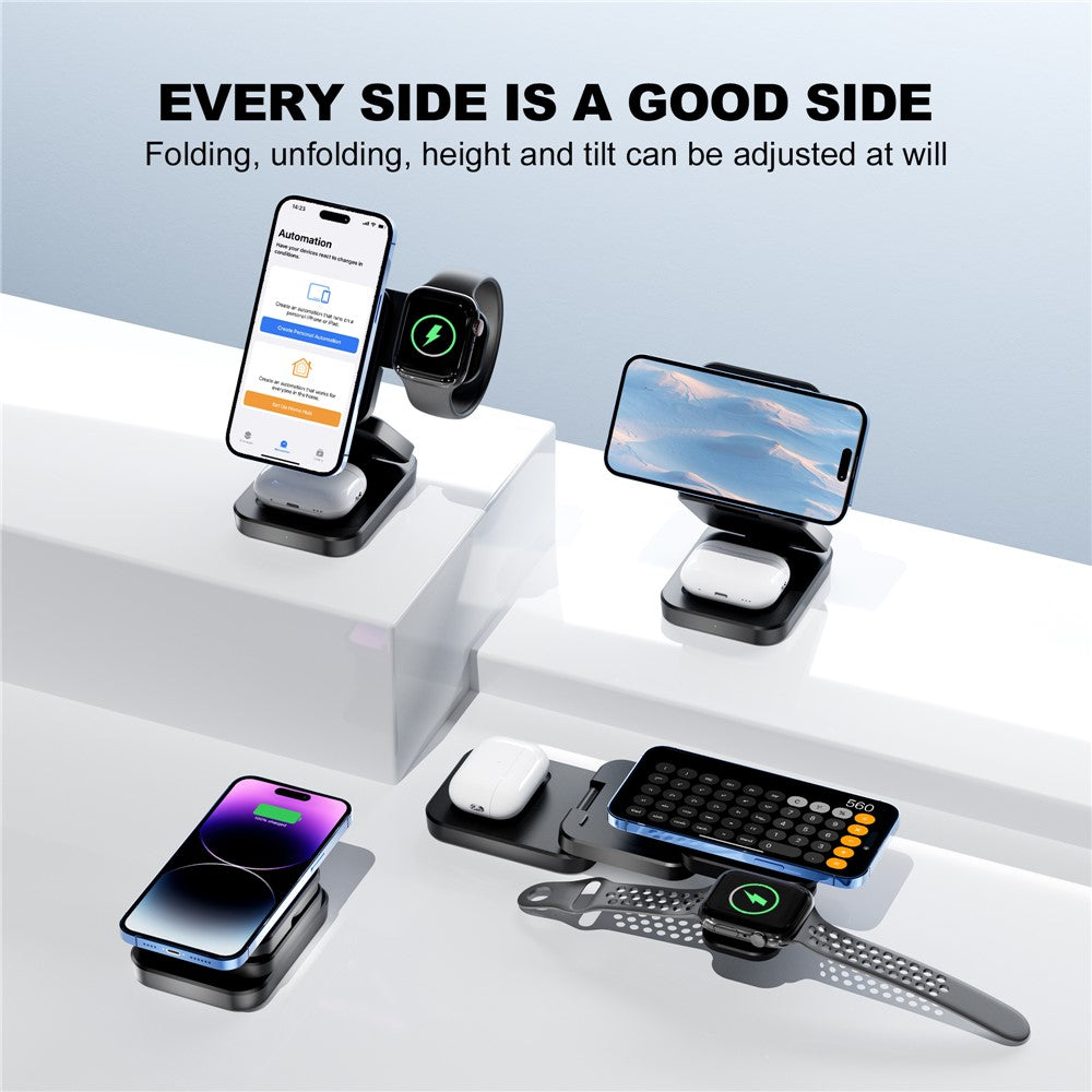 A390 3-i-1 sammenfoldelig magnetisk trådløs ladestation til iPhone, Apple Watch og AirPods, 15W-hurtigopladningsstander, kompakt rejseoplader