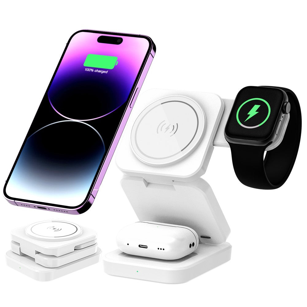A390 3-i-1 sammenfoldelig magnetisk trådløs ladestation til iPhone, Apple Watch og AirPods, 15W-hurtigopladningsstander, kompakt rejseoplader