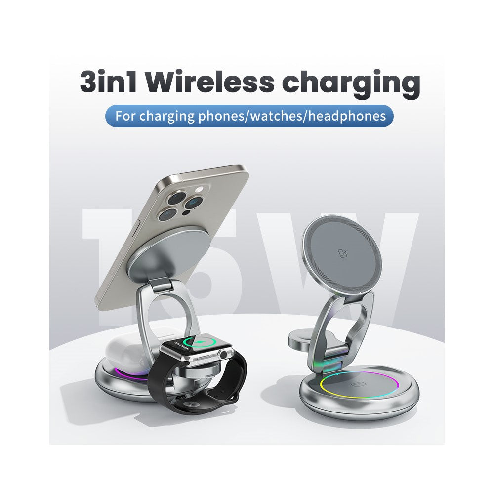 LFX-208 3-in-1 Wireless Charger 15W Fast Wireless Charging Stand for iPhone / Apple Watch / Airpods