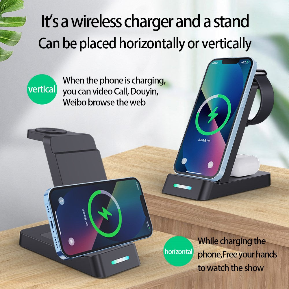 B-20A Vertikal Trådløs Oplader til Apple Watch, iPhone, AirPods 3-i-1 Trådløs Opladerstander Dockingstation