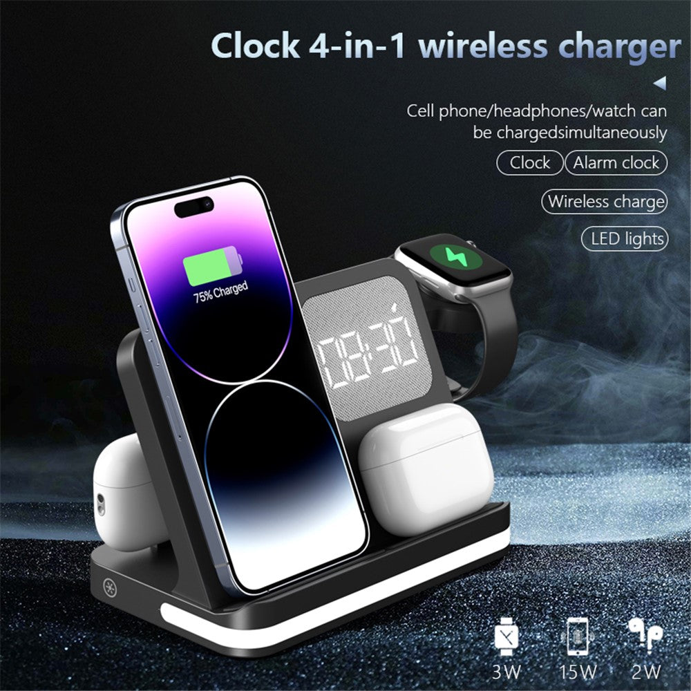 B-22 3-i-1 trådløs oplader 15W ladestation til iPhone / Apple Watch, AirPods med vækkeur