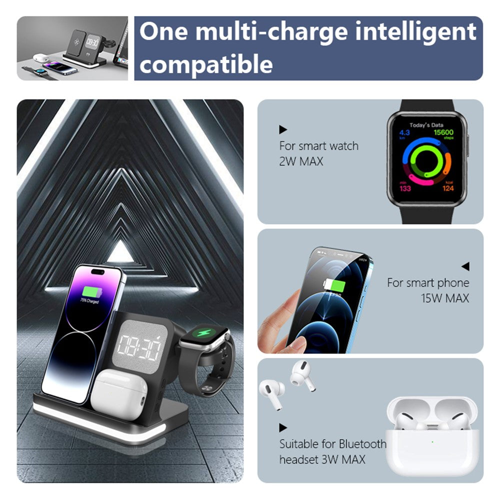 B-22 3-i-1 trådløs oplader 15W ladestation til iPhone / Apple Watch, AirPods med vækkeur