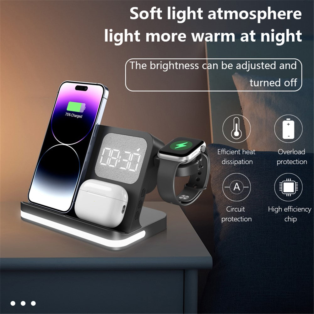 B-22 3-i-1 trådløs oplader 15W ladestation til iPhone / Apple Watch, AirPods med vækkeur