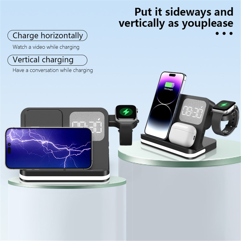 B-22 3-i-1 trådløs oplader 15W ladestation til iPhone / Apple Watch, AirPods med vækkeur