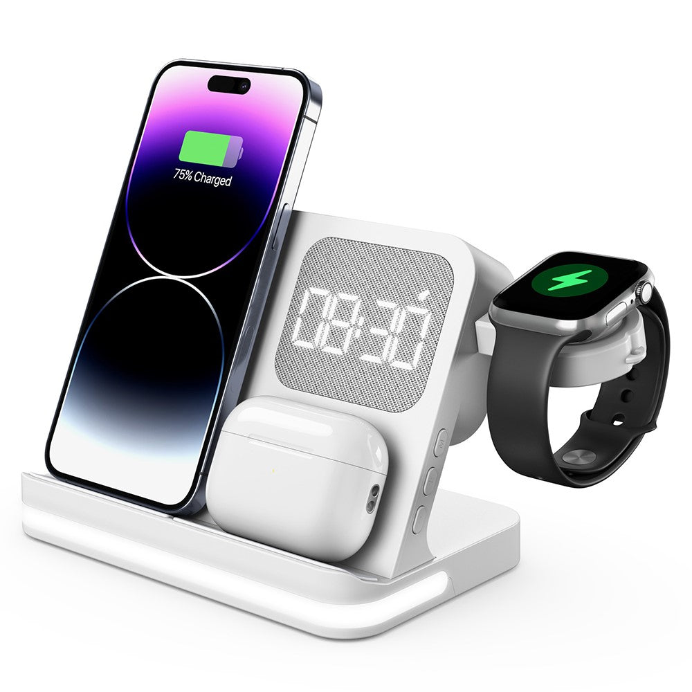 B-22 3-i-1 trådløs oplader 15W ladestation til iPhone / Apple Watch, AirPods med vækkeur