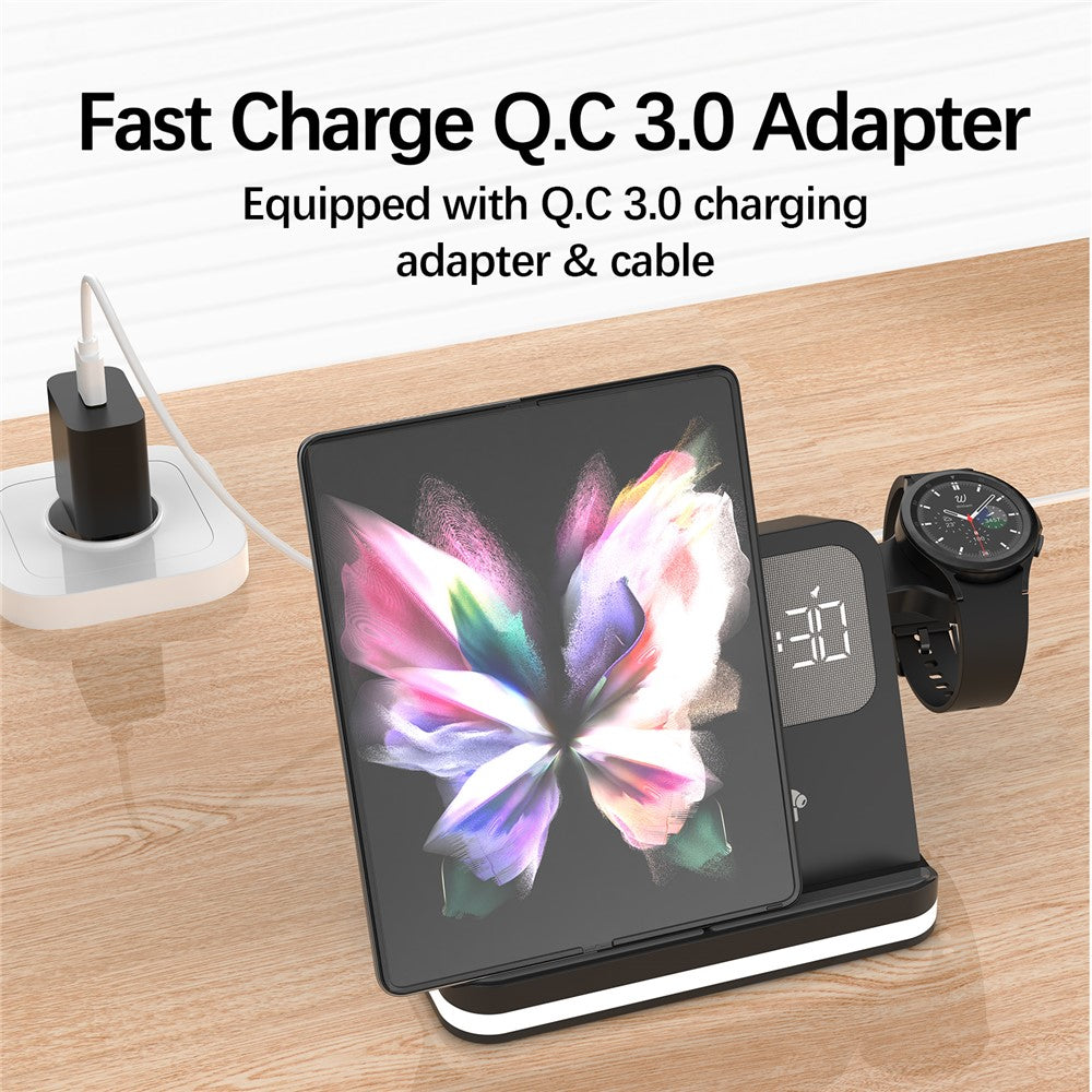 B-22 3 in 1 Wireless Charger 15W Charging Station for Samsung Galaxy Phone  /  Watch  /  Buds with Alarm Clock