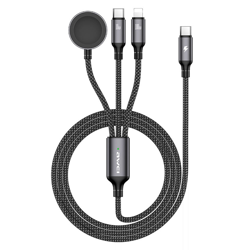 AWEI W23 1,2 m Type-C til Type-C + iP + trådløs oplader til Apple Watch 3-i-1 opladerkabel