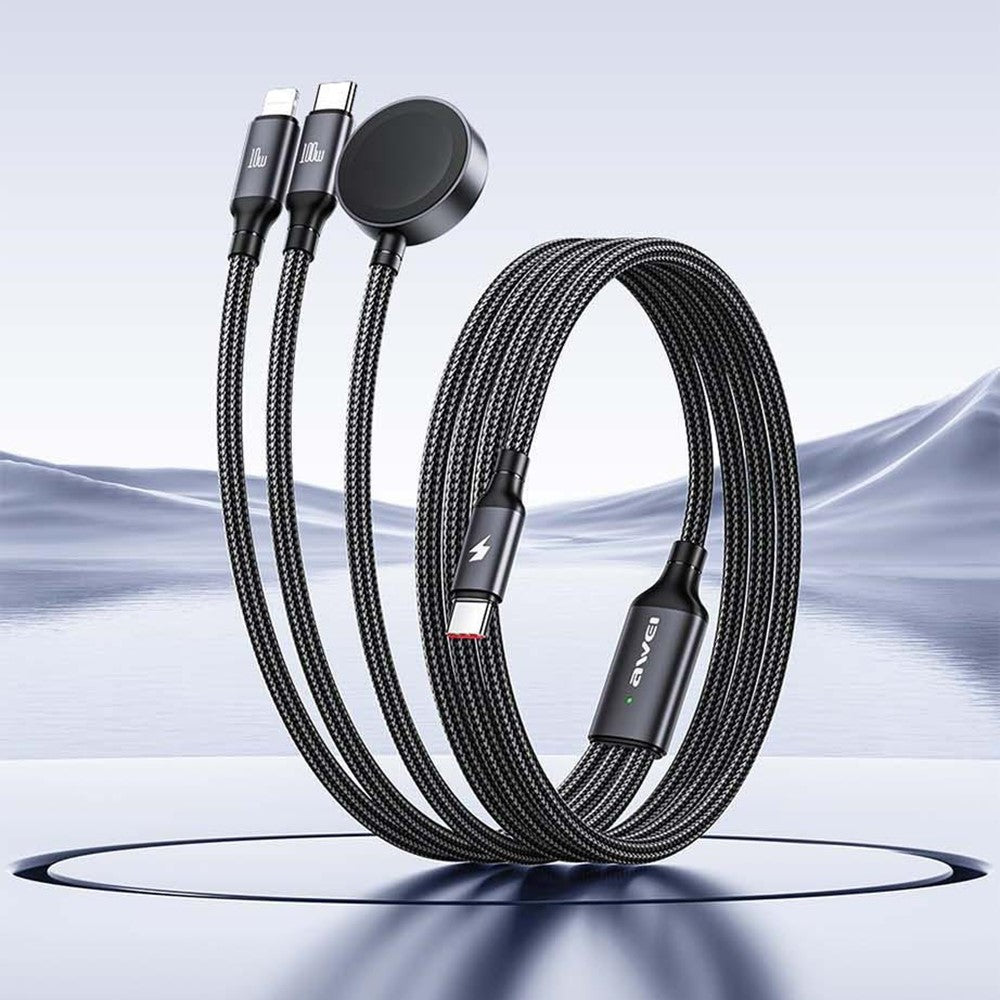 AWEI W23 1,2 m Type-C til Type-C + iP + trådløs oplader til Apple Watch 3-i-1 opladerkabel
