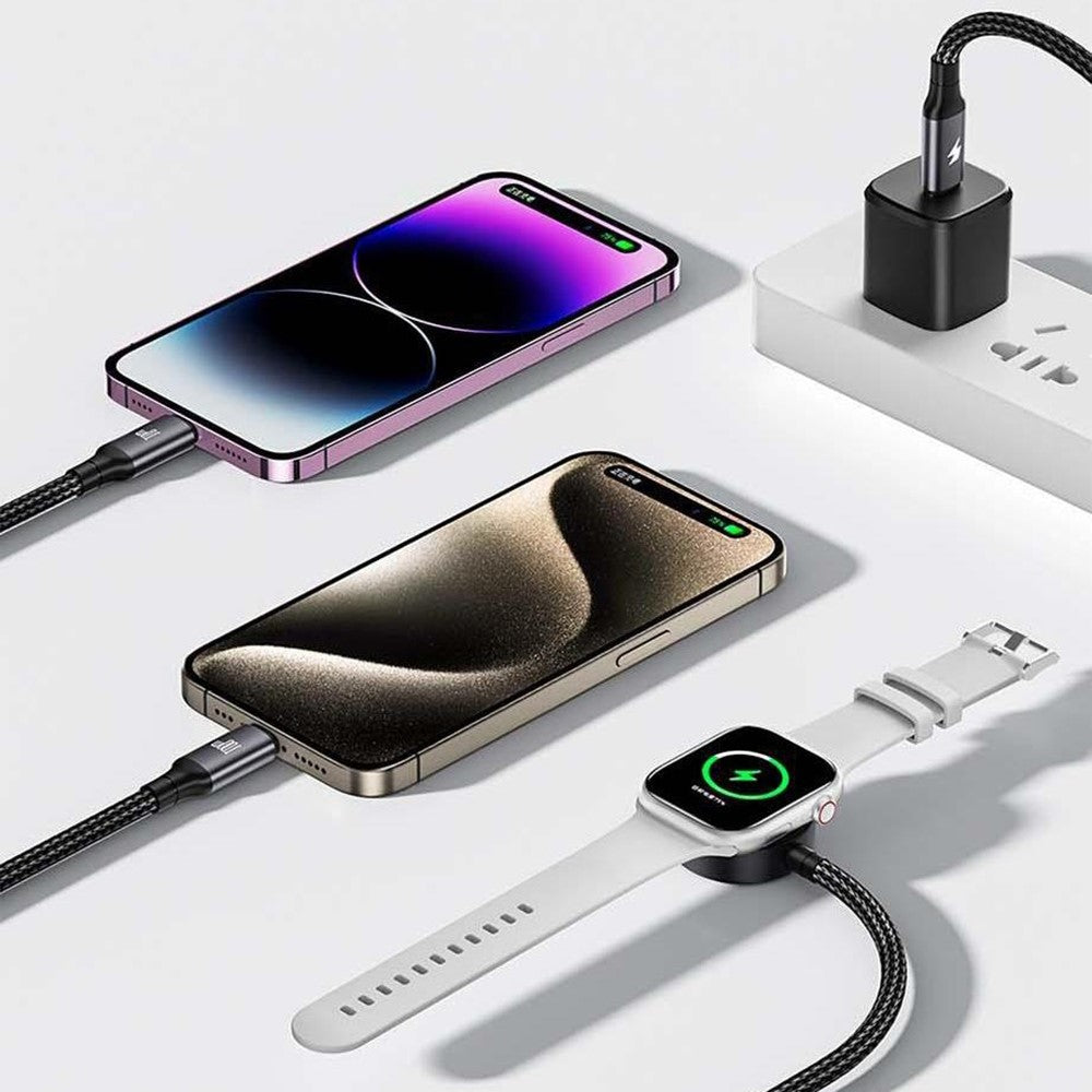 AWEI W23 1,2 m Type-C til Type-C + iP + trådløs oplader til Apple Watch 3-i-1 opladerkabel