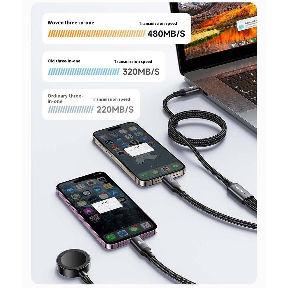 AWEI W23 1,2 m Type-C til Type-C + iP + trådløs oplader til Apple Watch 3-i-1 opladerkabel