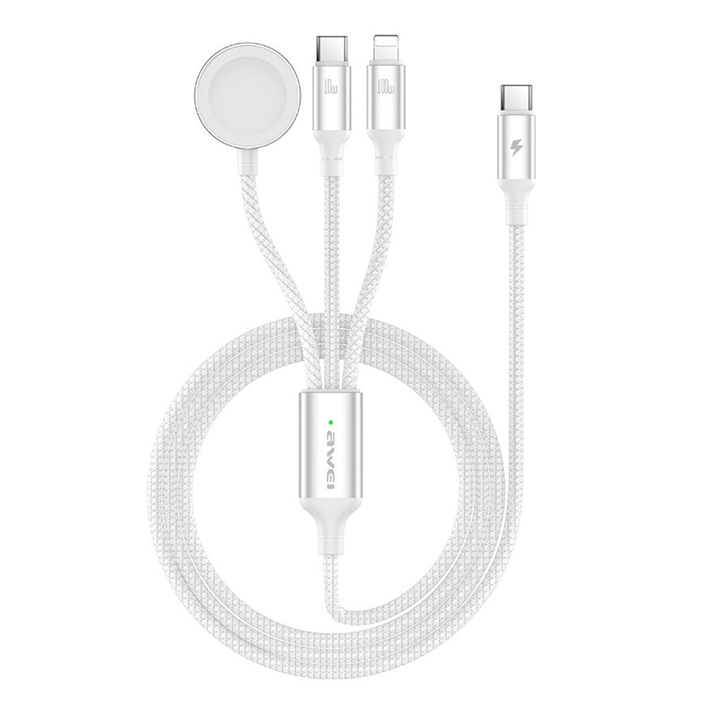AWEI W23 1,2 m Type-C til Type-C + iP + trådløs oplader til Apple Watch 3-i-1 opladerkabel