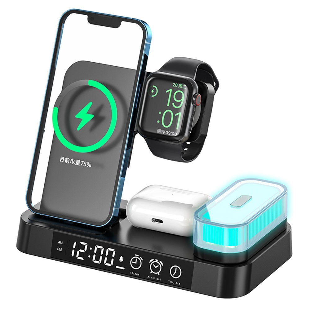 A37 3 in 1 Foldable Phone Watch Earphone 15W Wireless Charger Digital Clock RGB LED Night Light