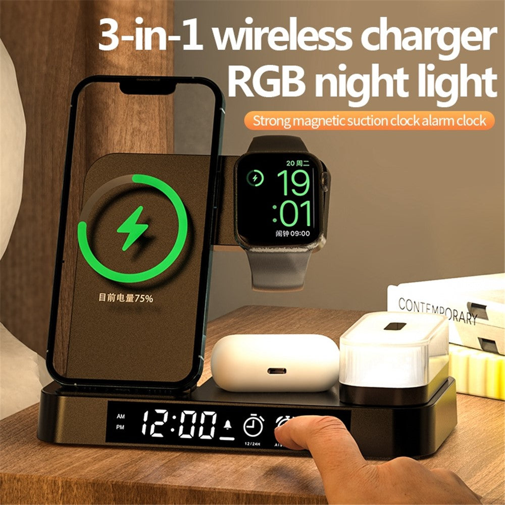A37 3 in 1 Foldable Phone Watch Earphone 15W Wireless Charger Digital Clock RGB LED Night Light