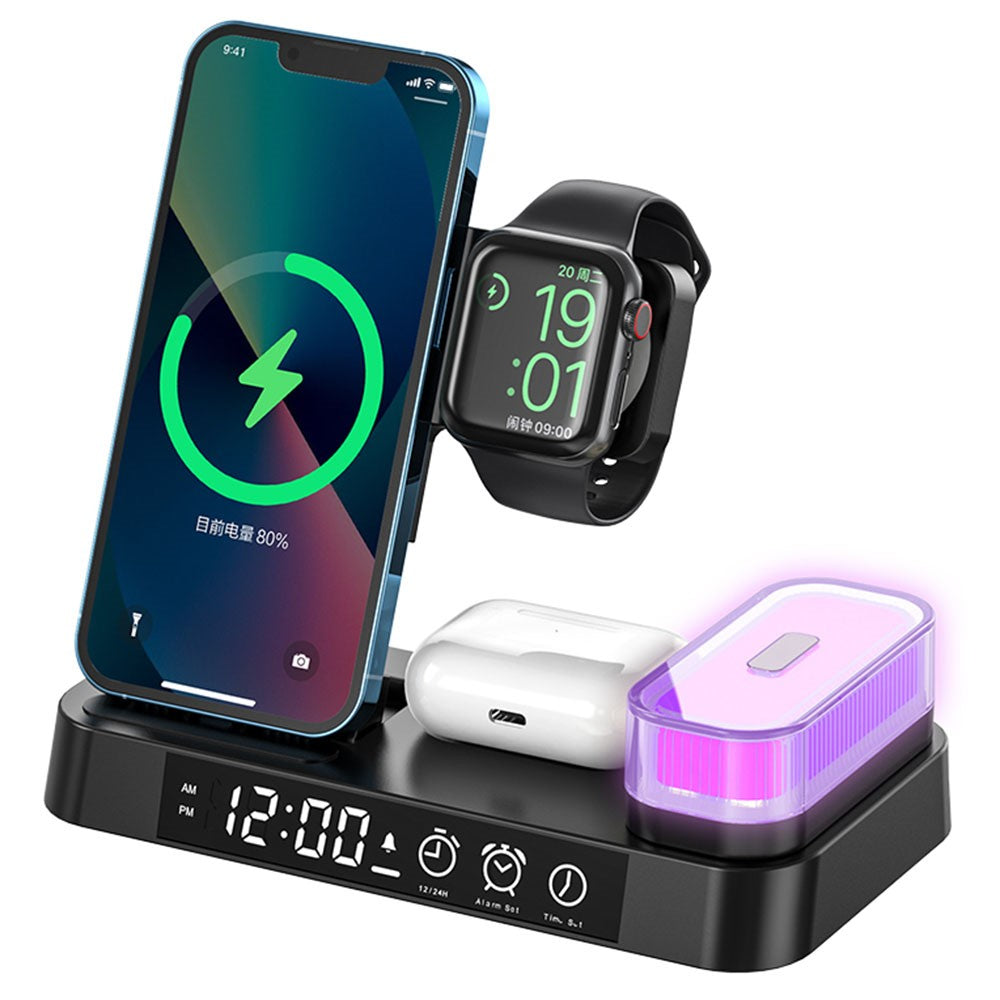 A37 3 in 1 Foldable Phone Watch Earphone 15W Wireless Charger Digital Clock RGB LED Night Light
