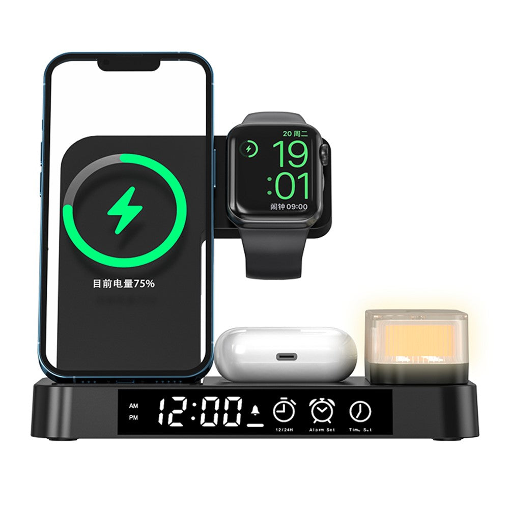 A37 3 in 1 Foldable Phone Watch Earphone 15W Wireless Charger Digital Clock RGB LED Night Light