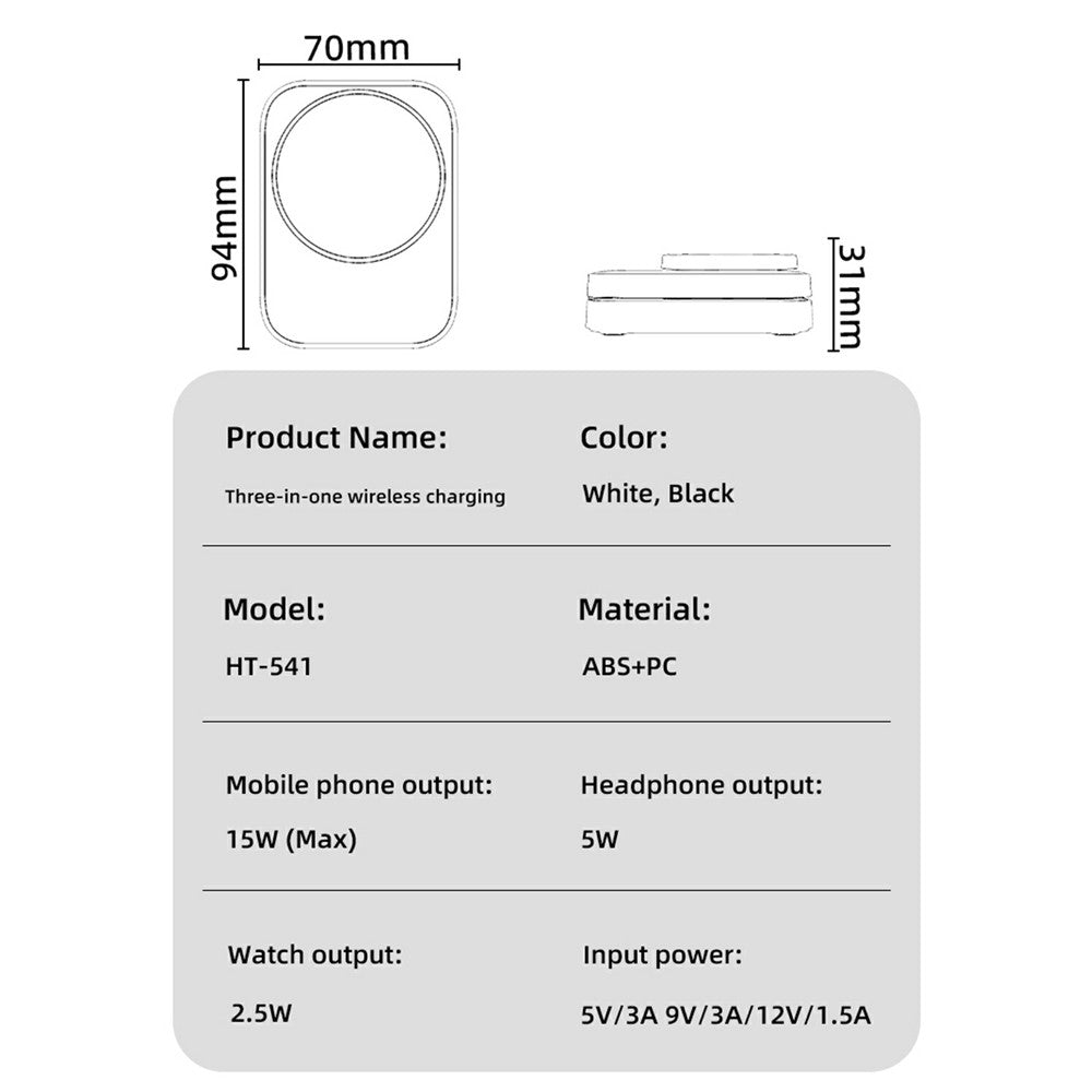 HT-541 Multifunctional Foldable 15W Wireless Phone Charger for Earbuds, Apple Watch Series