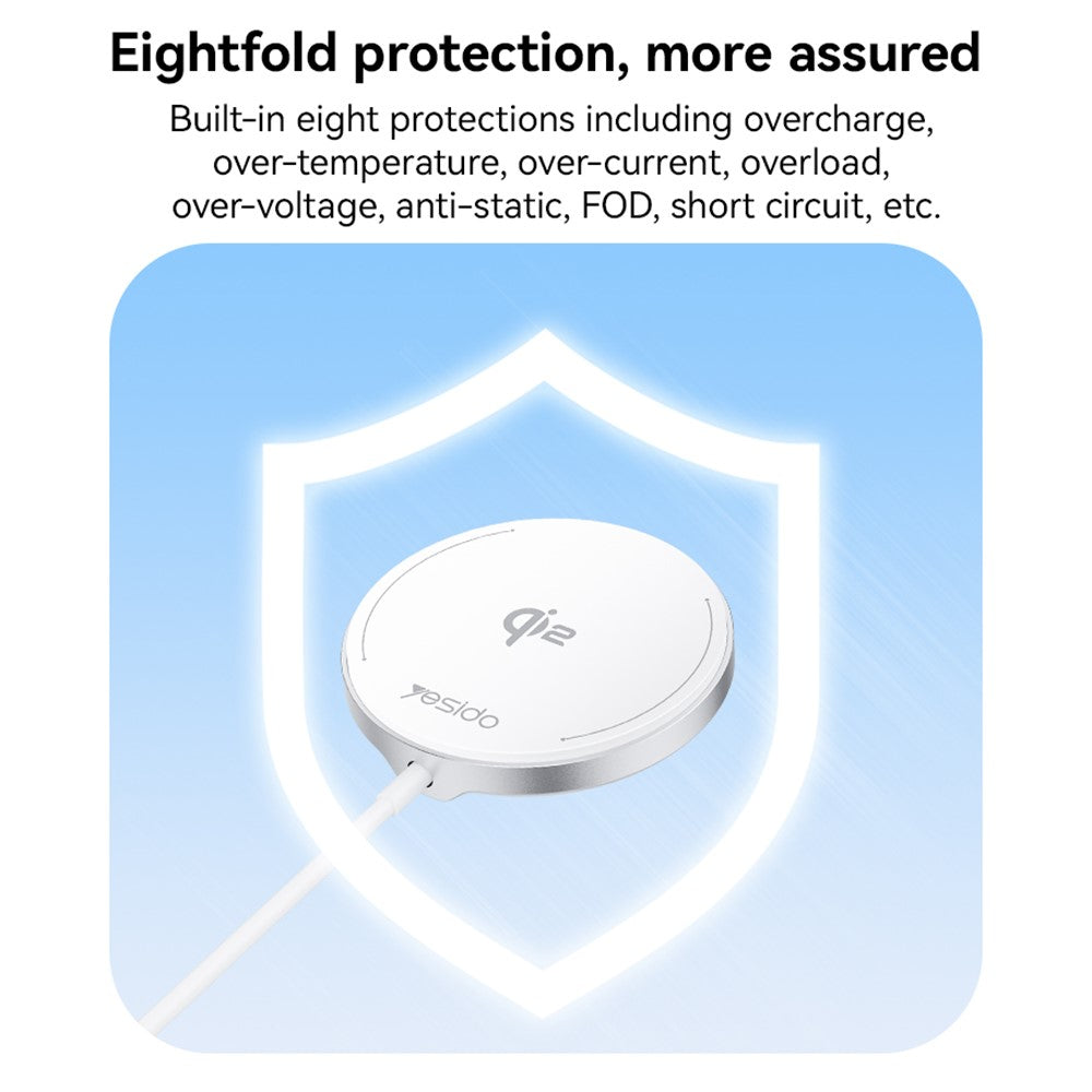 YESIDO DS24 QI2 Rund Magnetisk Trådløs Oplader Telefon Type-C Kabel Opladningsplade