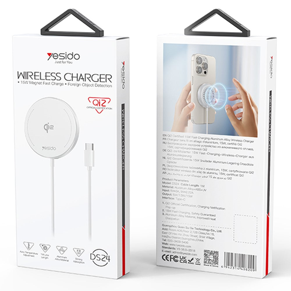 YESIDO DS24 QI2 Rund Magnetisk Trådløs Oplader Telefon Type-C Kabel Opladningsplade