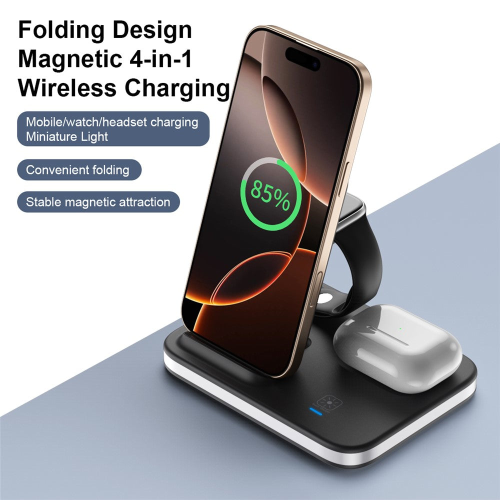 E16 Multifunktionel Foldbar Trådløs Opladningsdock med Natlys til Mobiltelefon / Airpods / Apple Watch