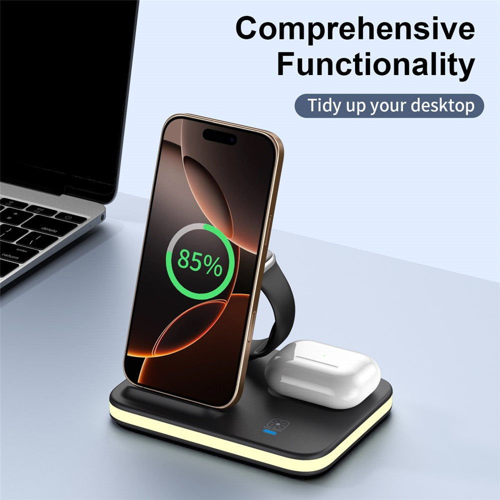 E16 Multifunction Foldable Wireless Charger Dock with Night Light for Mobile Phone / Airpods / Apple Watch