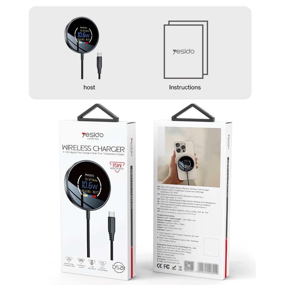 YESIDO DS28 Magnetic Wireless Charger Digital Display Fast Charging Pad with 1.2m Type C Cable