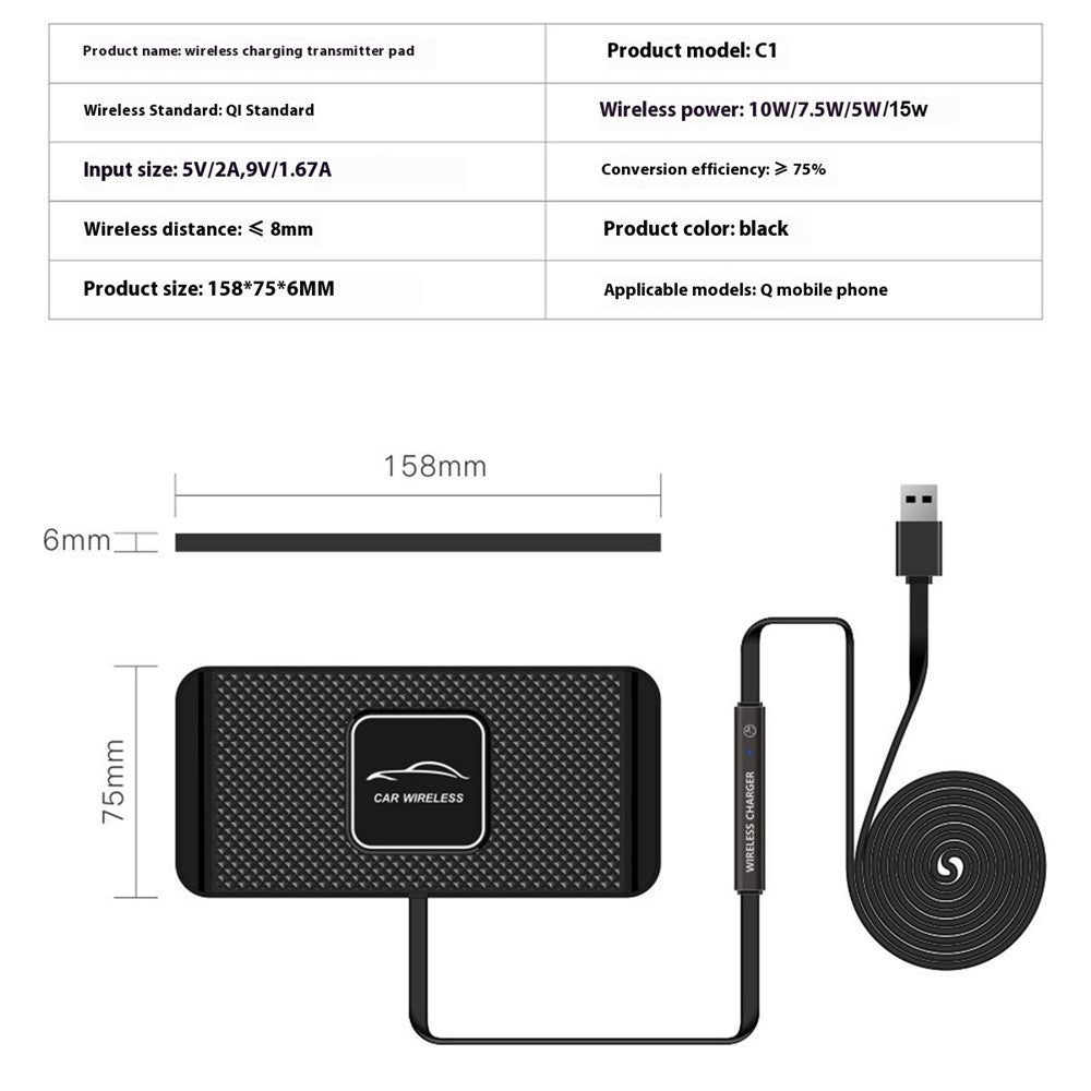 C1 Wireless Car Charger Dashboard Non-Slip 15W Fast Charging Pad