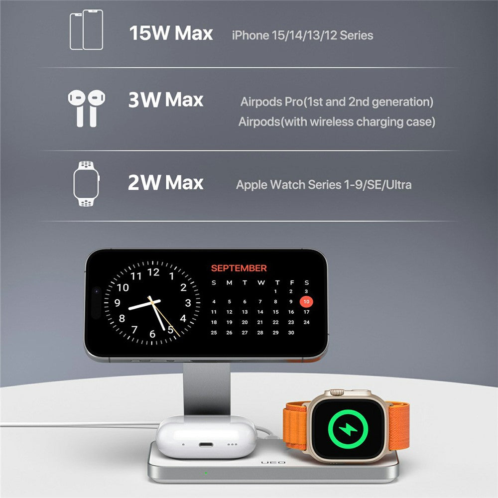 T8 3 in 1 Wireless Charging Station Foldable Charger Stand for iPhone 15-12 / Apple Watch / Airpods
