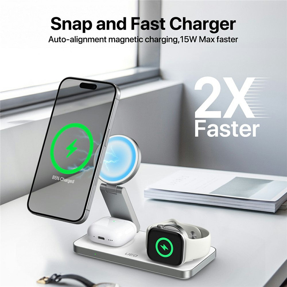 T8 3 in 1 Wireless Charging Station Foldable Charger Stand for iPhone 15-12 / Apple Watch / Airpods