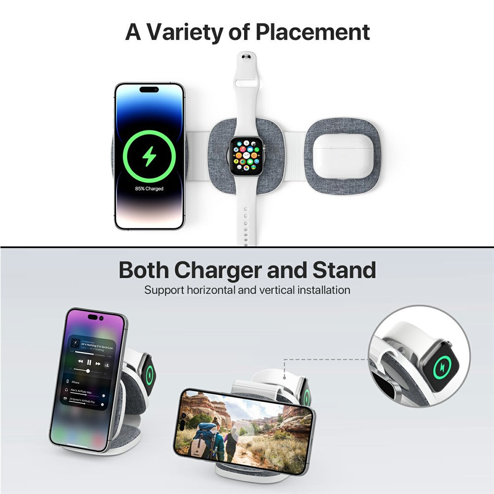 YM-T1 3-i-1 magnetisk trådløs oplader til telefon / Apple Watch / Airpods sammenklappelig rejseopladningsplade