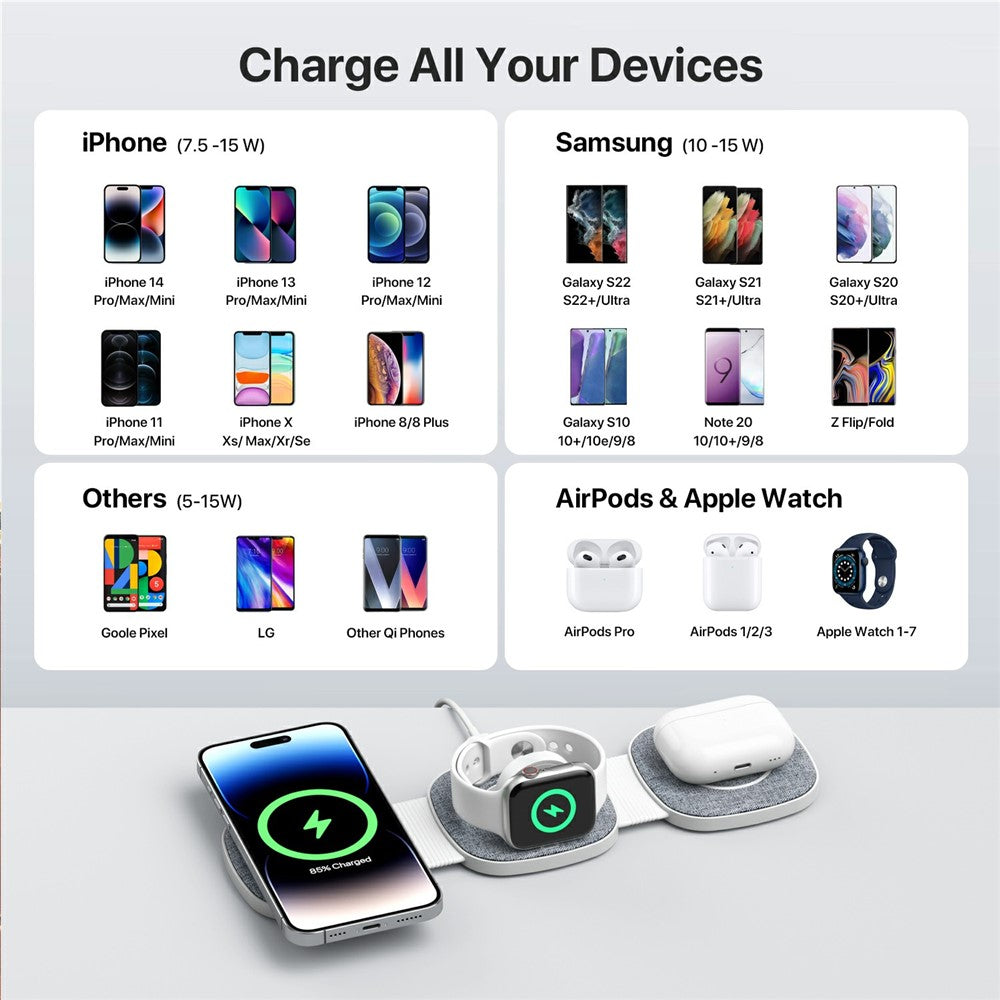 YM-T1 3-i-1 magnetisk trådløs oplader til telefon / Apple Watch / Airpods sammenklappelig rejseopladningsplade