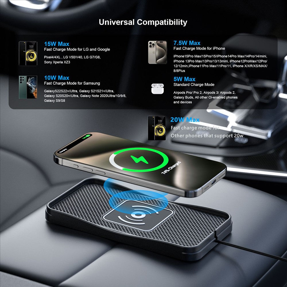 D3 20W Car Wireless Charger with 1m Cable Fast Charging Anti-Slip Silicone Pad for Vehicles