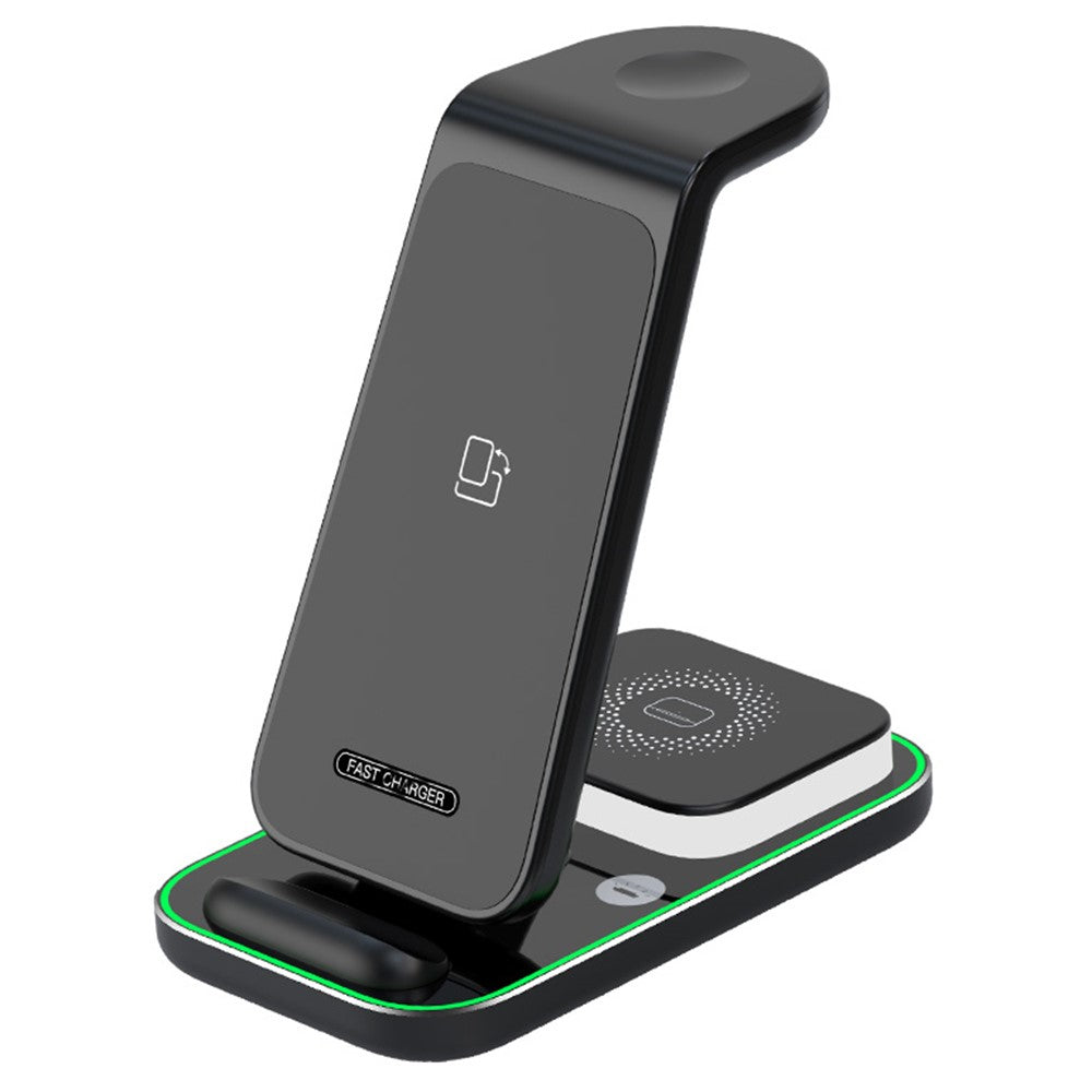 YF-A6 3 In 1 15W Dual Coil Wireless Charger with Night Light for iPhone  /  Apple Watch  /  AirPods Charging Stand