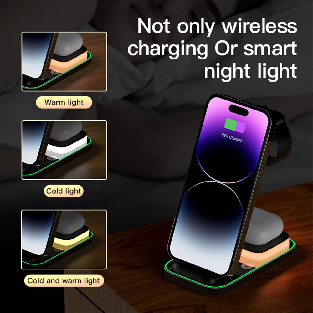 YF-A6 3 In 1 15W Dual Coil Wireless Charger with Night Light for iPhone  /  Apple Watch  /  AirPods Charging Stand