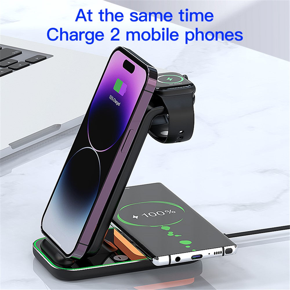 YF-A6 3 In 1 15W Dual Coil Wireless Charger with Night Light for iPhone  /  Apple Watch  /  AirPods Charging Stand