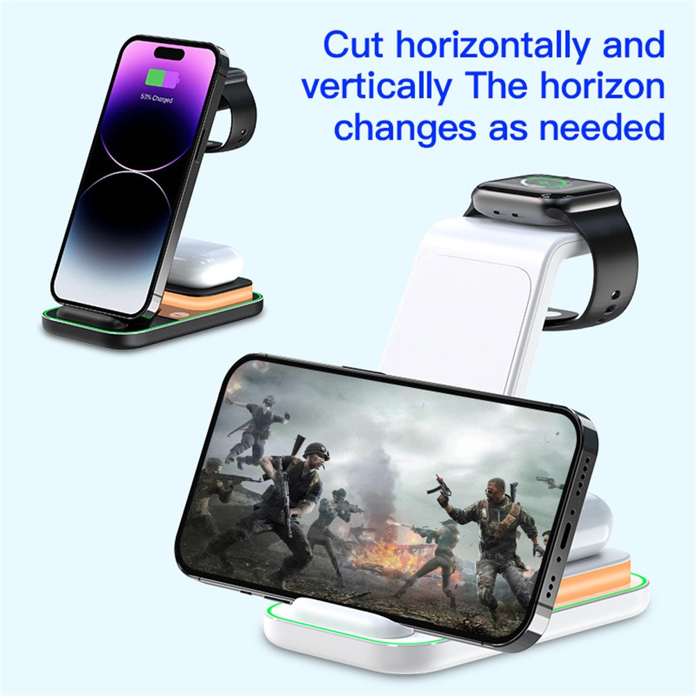 YF-A6 3 In 1 15W Dual Coil Wireless Charger with Night Light for iPhone  /  Apple Watch  /  AirPods Charging Stand