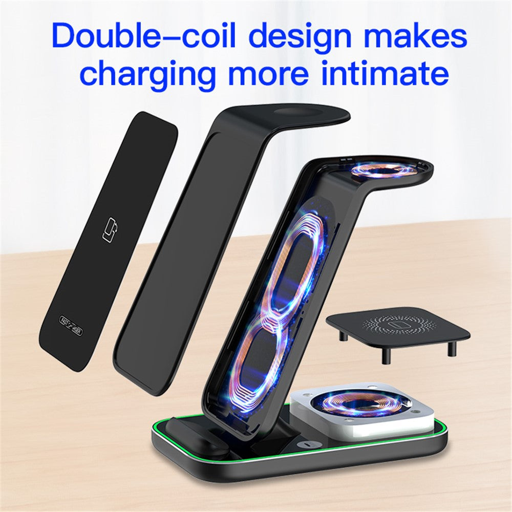YF-A6 3 In 1 15W Dual Coil Wireless Charger with Night Light for iPhone  /  Apple Watch  /  AirPods Charging Stand