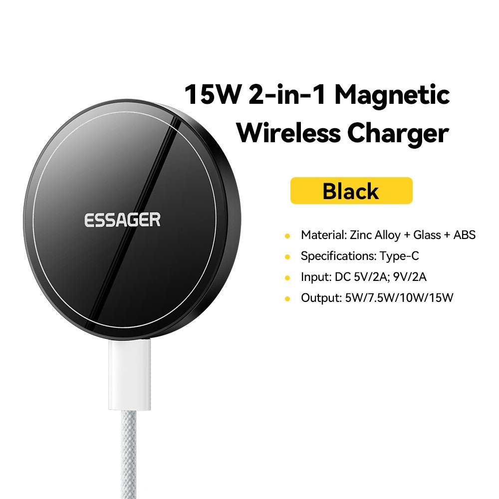 ESSAGER 2-i-1 Magnetisk Trådløs Oplader 15W Hurtig Opladning Slankt Design med Magnetisk Skive