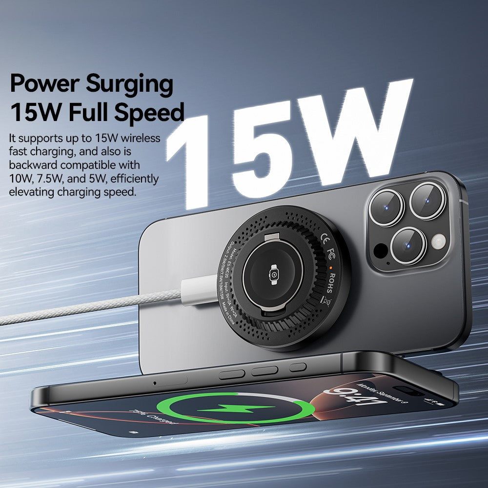 ESSAGER 2-in-1 Magnetic Wireless Charger 15W Fast Charging Slim Design with Magnetic Disc