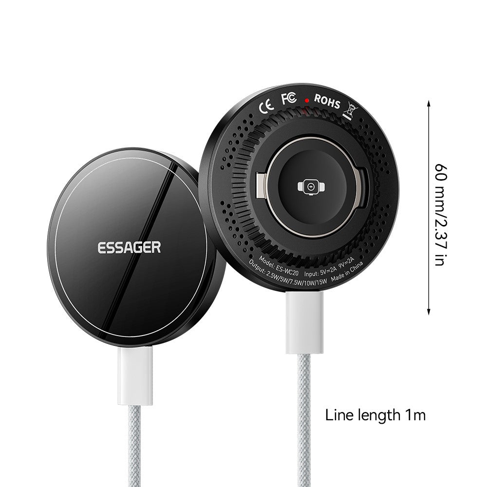 ESSAGER 2-i-1 Magnetisk Trådløs Oplader 15W Hurtig Opladning Slankt Design med Magnetisk Skive