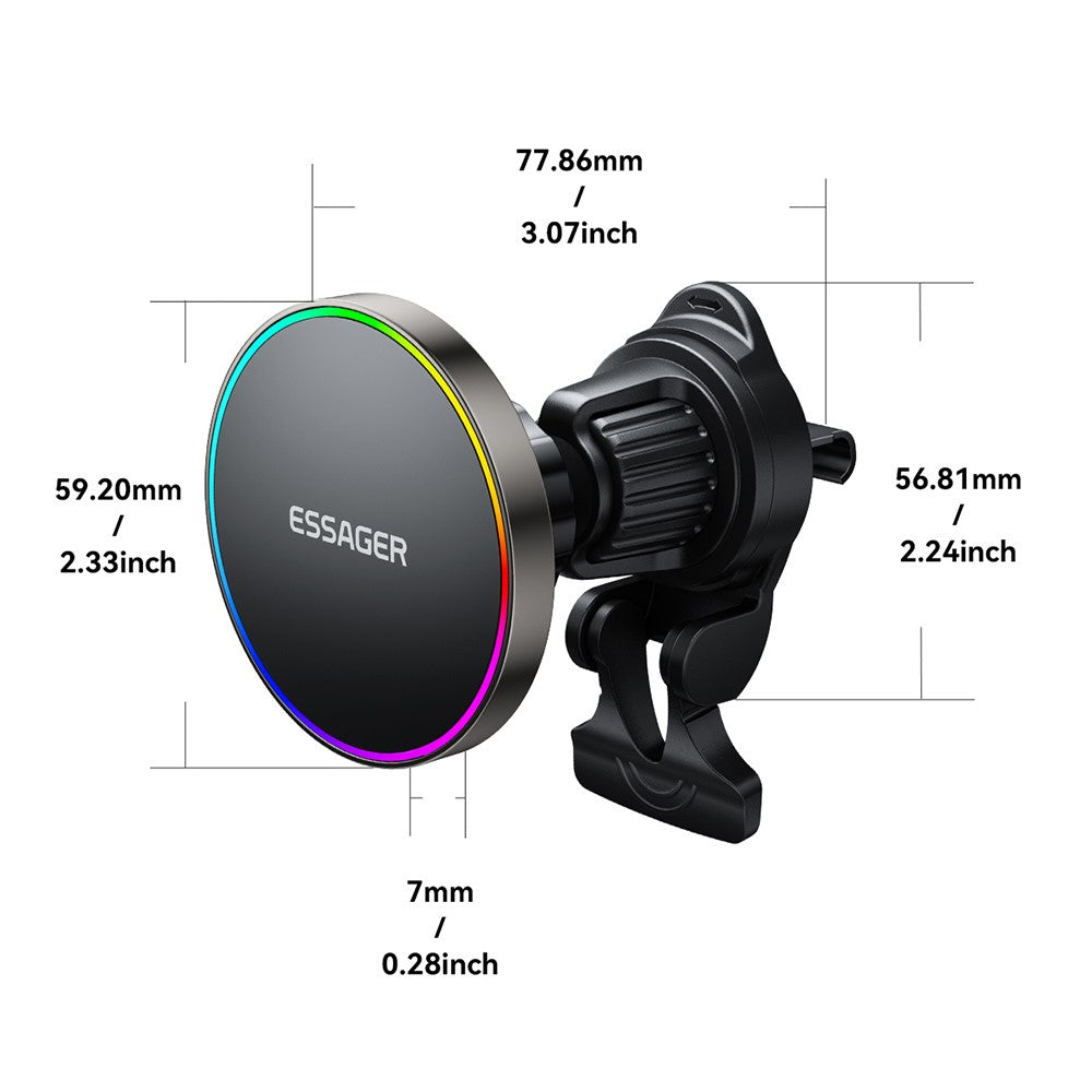ESSAGER Billuftventil Magnetisk Trådlös Laddare Fäste RGB Belysning 15W Snabbladdning 360° Rotationsställ med Magnetark