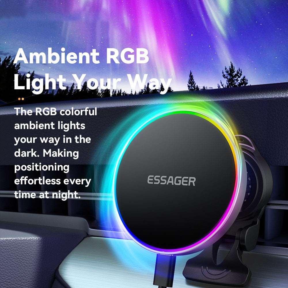 ESSAGER Billuftventil Magnetisk Trådlös Laddare Fäste RGB Belysning 15W Snabbladdning 360° Rotationsställ med Magnetark