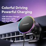 ESSAGER Billuftventil Magnetisk Trådlös Laddare Fäste RGB Belysning 15W Snabbladdning 360° Rotationsställ med Magnetark