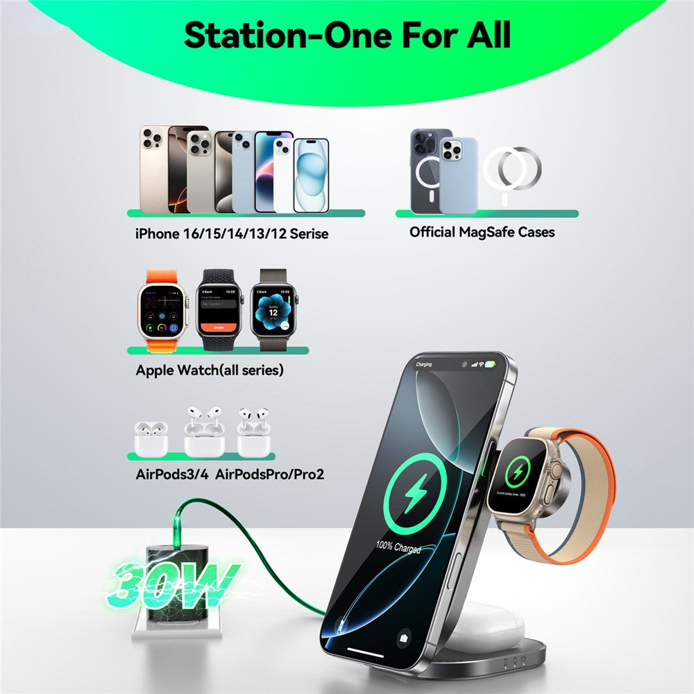 JOYROOM JR-W17 Qi2 3 in 1 Magnetic Wireless Charger for iPhone / AirPods / Apple Watch Foldable 15W Fast Charging Station