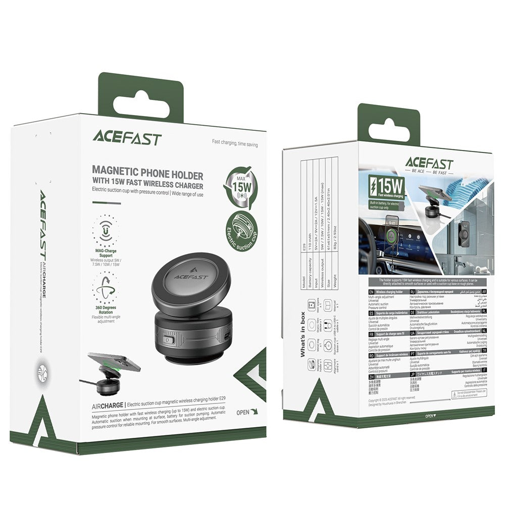 ACEFAST E29 Car Dashboard Windshield Desktop Electric Suction Cup Magnetic Wireless Charger Phone Stand
